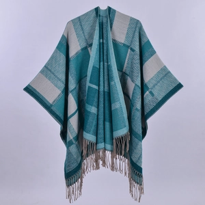 Thick ethnic knit shawl with teal and gray plaid pattern and tassels for autumn winter