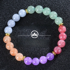 Detailed shot of 8mm natural stone energy beads with Anxiety & Stress text on dark background