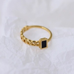 Stainless Steel Ring 18K Gold Plated Black Square Minimalist Chain Link Geometric Fashion Jewelry Women