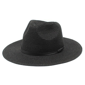 Classic black straw Panama fedora hat for summer beach protection with slim leather band