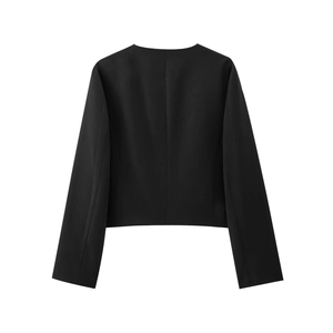 Back view of a sleek black long-sleeve jacket with a clean minimalist design