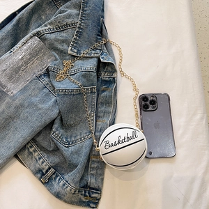 Mini white basketball shaped crossbody bag with gold chain and stylish lettering