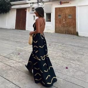 Abito Maxi Poliestere Schiena Scoperta Allacciato Scollo A V Senza Maniche Vita Alta Motivo Geometrico Etnico Vacanza Estate Donna