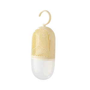 Hanging moisture absorber bag for closet with beige plastic hook and transparent bottom