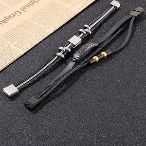 Men's multilayer braided leather bracelet with stainless steel magnetic clasp