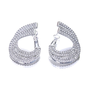 Elegant silver metallic flower leaf earrings with sparkling cubic zirconia on white background