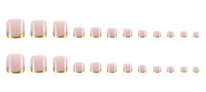 Close-up of nude pink press-on toenails with elegant gold French tips in various sizes
