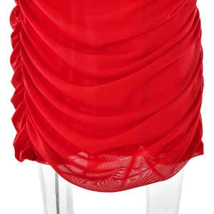 Detailed view of red mesh bodycon dress featuring elegant ruching and draped fabric texture