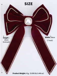 Size details of large red velvet hair bow with golden beads and crystal pearl centerpiece