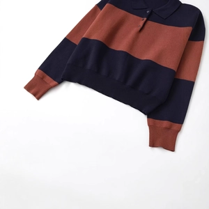 Long-sleeve striped knit Polo sweater with navy and brick red wide stripes on white background
