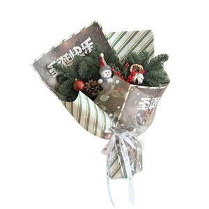 Christmas kraft paper flower bouquet with pine cones and snowman doll gift wrap