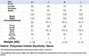 Detailed size chart for striped poplin shirt showing measurements from XS to L in cm