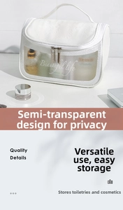Detail of waterproof PVC toiletry bag with translucent window and dual zipper handle