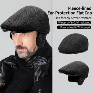 Men Winter Warm Woolen Plaid Newsboy Cap With Earflaps British Style Beret Flat Cap Ivy Hat For Outdoor Cold Protection