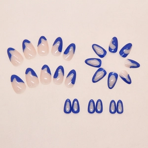 Flat lay showing blue 3D ripple pattern press-on nails with various size options