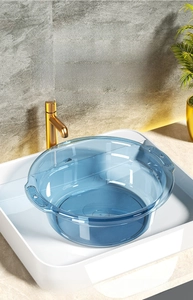 Detail of transparent blue washbasin with non-slip handles and food-grade material finish