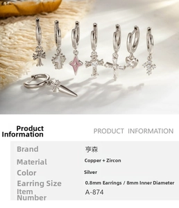 Detail specifications of silver heart and star drop earrings with dimensions and materials