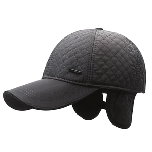 Winter quilted earflap baseball cap for men in dark grey with diamond lattice texture