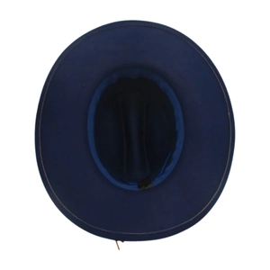 Top down view of a navy blue wide brim wool fedora hat showing the classic indented crown