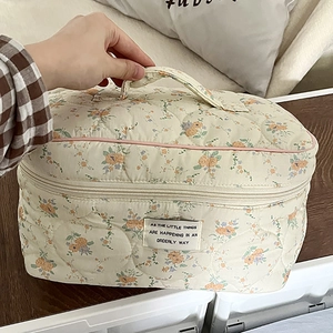 Quilted floral cotton cosmetic bag with top handle and large capacity storage for women