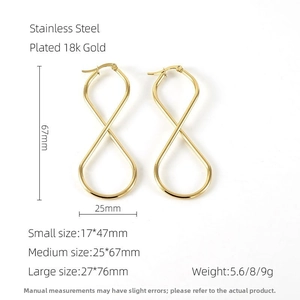 Size chart for infinity-shaped 18k gold plated stainless steel hoop earrings in three sizes