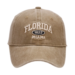 Casquette de baseball vintage kaki brodée Florida avec visière courbée pour extérieur