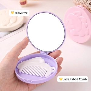 Portable purple rabbit folding makeup mirror with mini comb for travel and students
