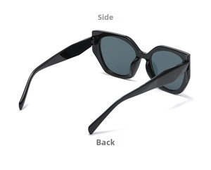 Detailansicht von Seite und Rückseite der polygonen Sonnenbrille mit glänzendem Rahmen