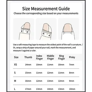 Sizing guide for 3D cat paw press-on nails with detailed measurement chart for XS to L