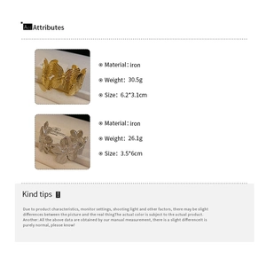 Detailed size and weight chart for metal butterfly and floral cuffs in gold and silver