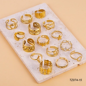 15pcs set of golden stainless steel rings with sun heart and geometric line designs