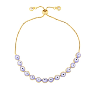 Bohemian evil eye gold chain bracelet with light purple beads and adjustable slider