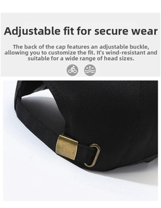 Detail of black cotton baseball cap with adjustable antique bronze metal buckle closure