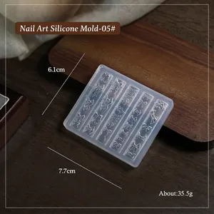 Detailed macro of bow-shaped 3D soft silicone nail art mold with dimensions and weight
