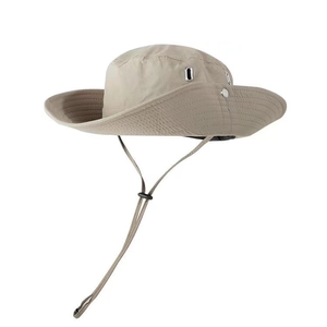 Khaki wide brim sun hat with adjustable chin strap and breathable side vents
