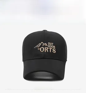 Close-up of Outdoor Sports 3D embroidery on black cotton twill baseball cap