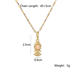 Detailed dimension view of gold princess pendant with pink zircon and wave chain