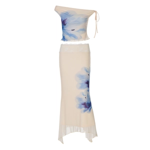 Two-piece floral off-shoulder crop top and maxi skirt set with lace trim and blue print