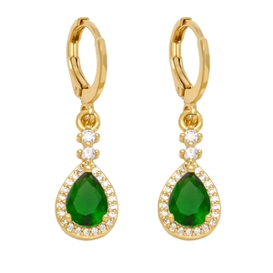 Fashion gold drop earrings with emerald green pear-shaped zircon and pave accents