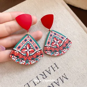 Vintage bohemian triangle and fan earrings with colorful geometric floral prints