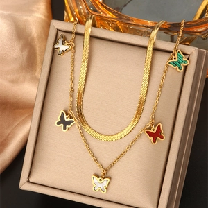 Double-layer gold necklace with butterfly pendants on smooth snake chain for women