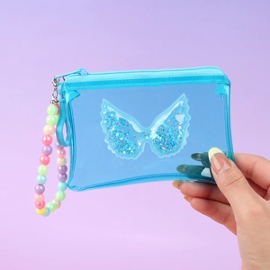 Blue transparent wing wallet with colorful bead wrist strap and glitter sequins detail