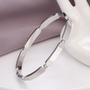 Silver square link stainless steel bangle for women with sparkling cubic zirconia stones