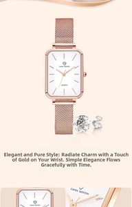 Detailed view of women's vintage square quartz watch with rose gold mesh band