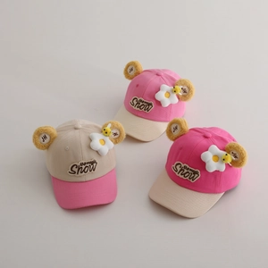 Casquettes de baseball mignonnes avec fleurs et oreilles en peluche, rose et crème