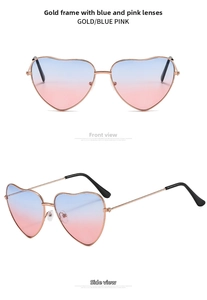 Detailed front and side views of heart-shaped sunglasses with gold frames and blue-pink gradient