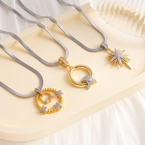 Three-piece geometric necklace set with zircon pendants on sleek snake chains in gold finish