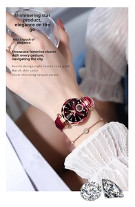 Close-up of elegant rose gold quartz watch with purple crystal dial and matching jewelry