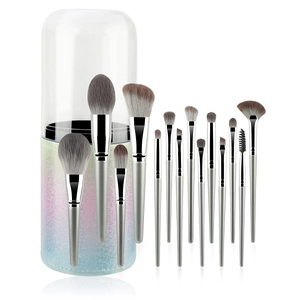 Professional 15-piece makeup brush set with gradient glitter storage tube and clear lid