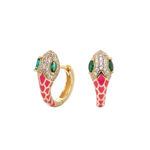 S925 sterling silver snake hoop earrings with pink enamel scales and green gemstone eyes